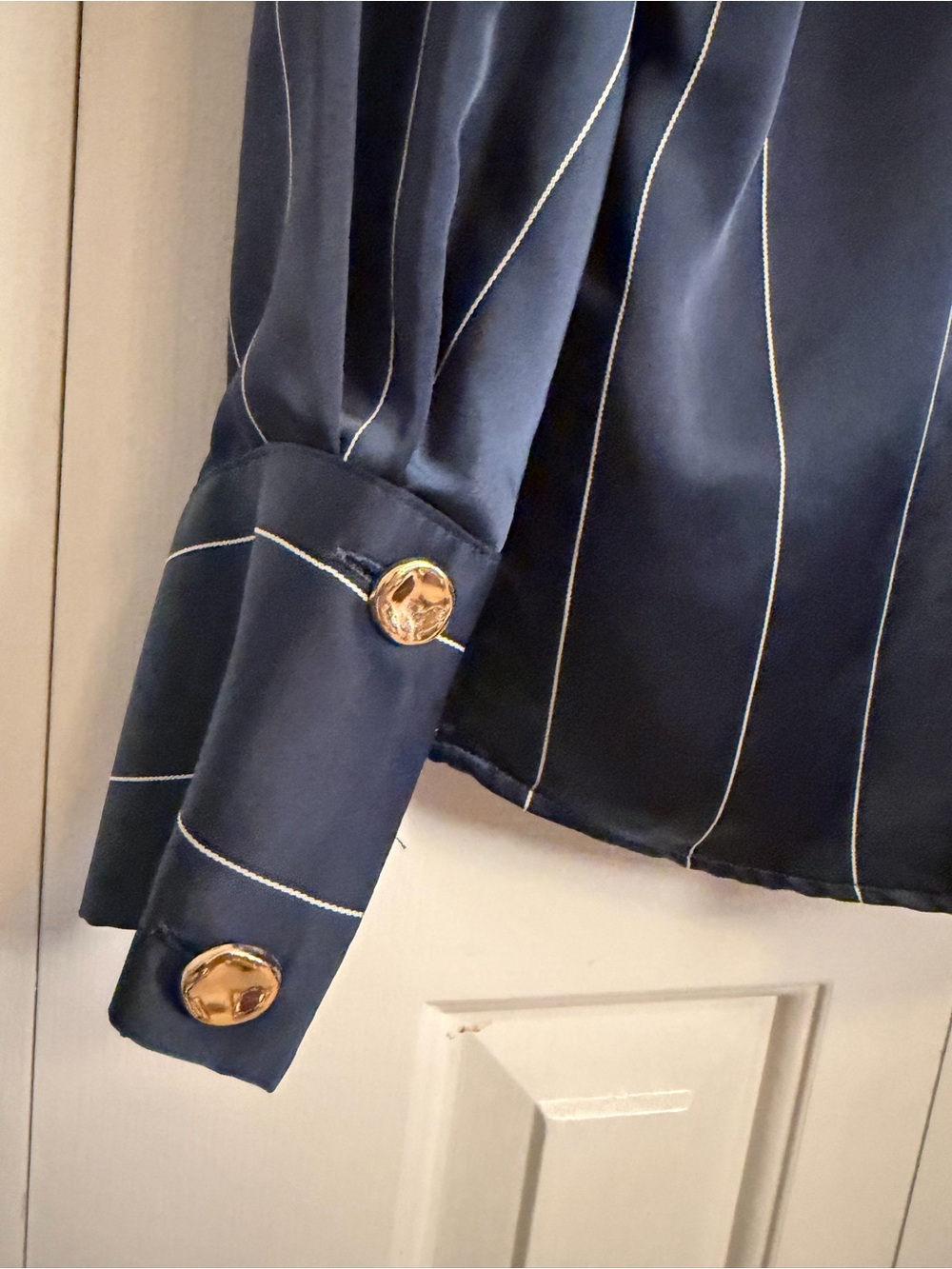 ZARA Navy Shirt with White Pinstripes XL Gold Buttons - Picture 5 of 10